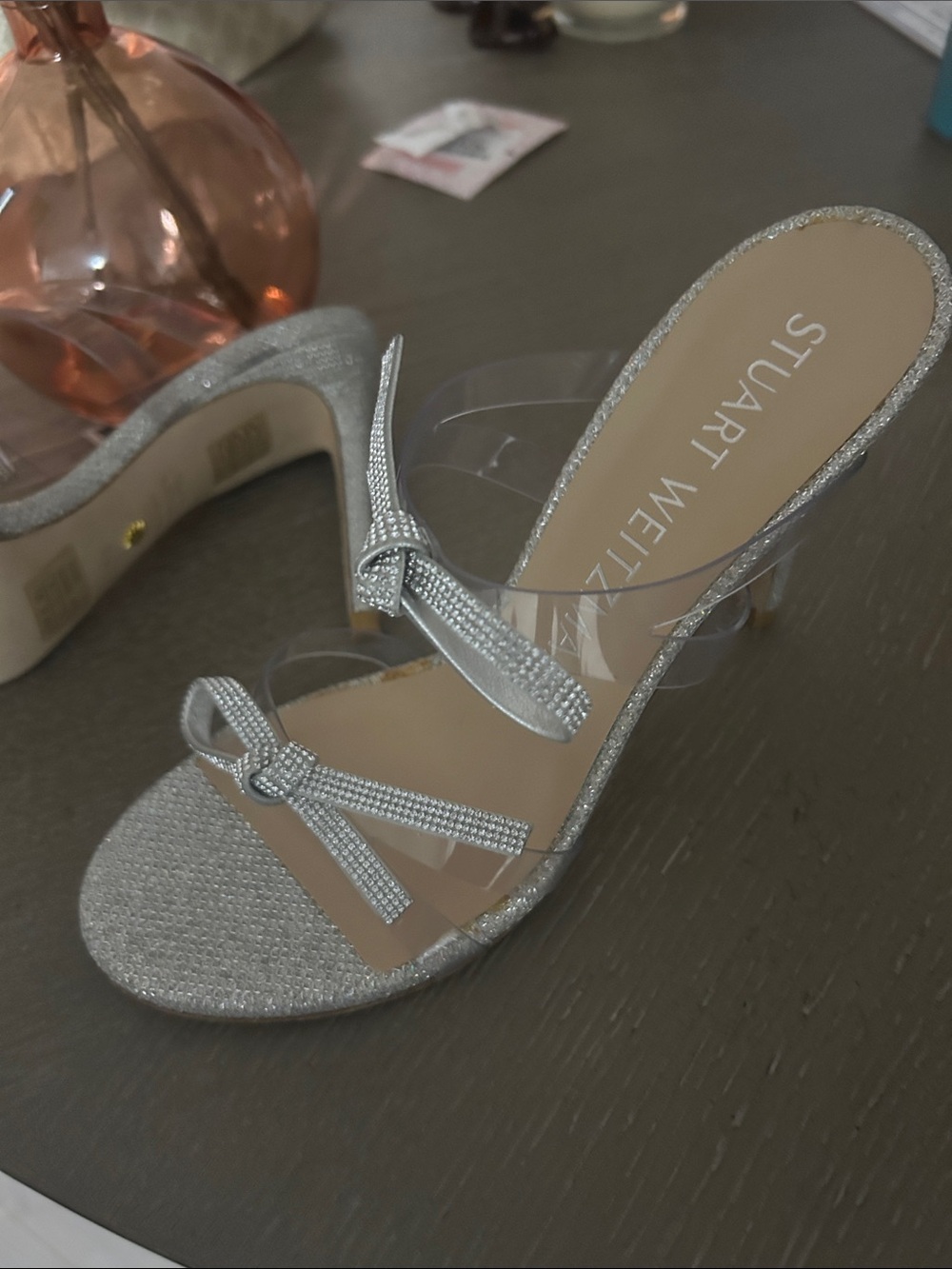 Stuart Weitzman Silver Rhinestone Bow Slide Mules